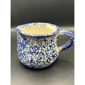 Vintage Studio Art Blue Spongeware Signed Pottery Pitcher Creamer 3.5”